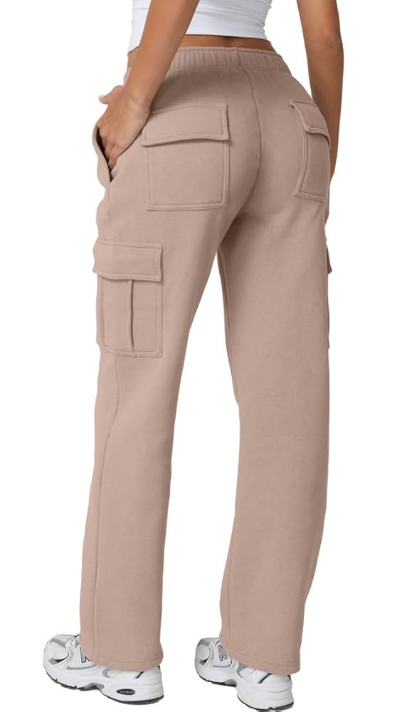 QINSEN Womens Medium Waist Baggy Elastic Waist Sweatpants Casual Fleece Long Pants with Pockets | Amazon (US)