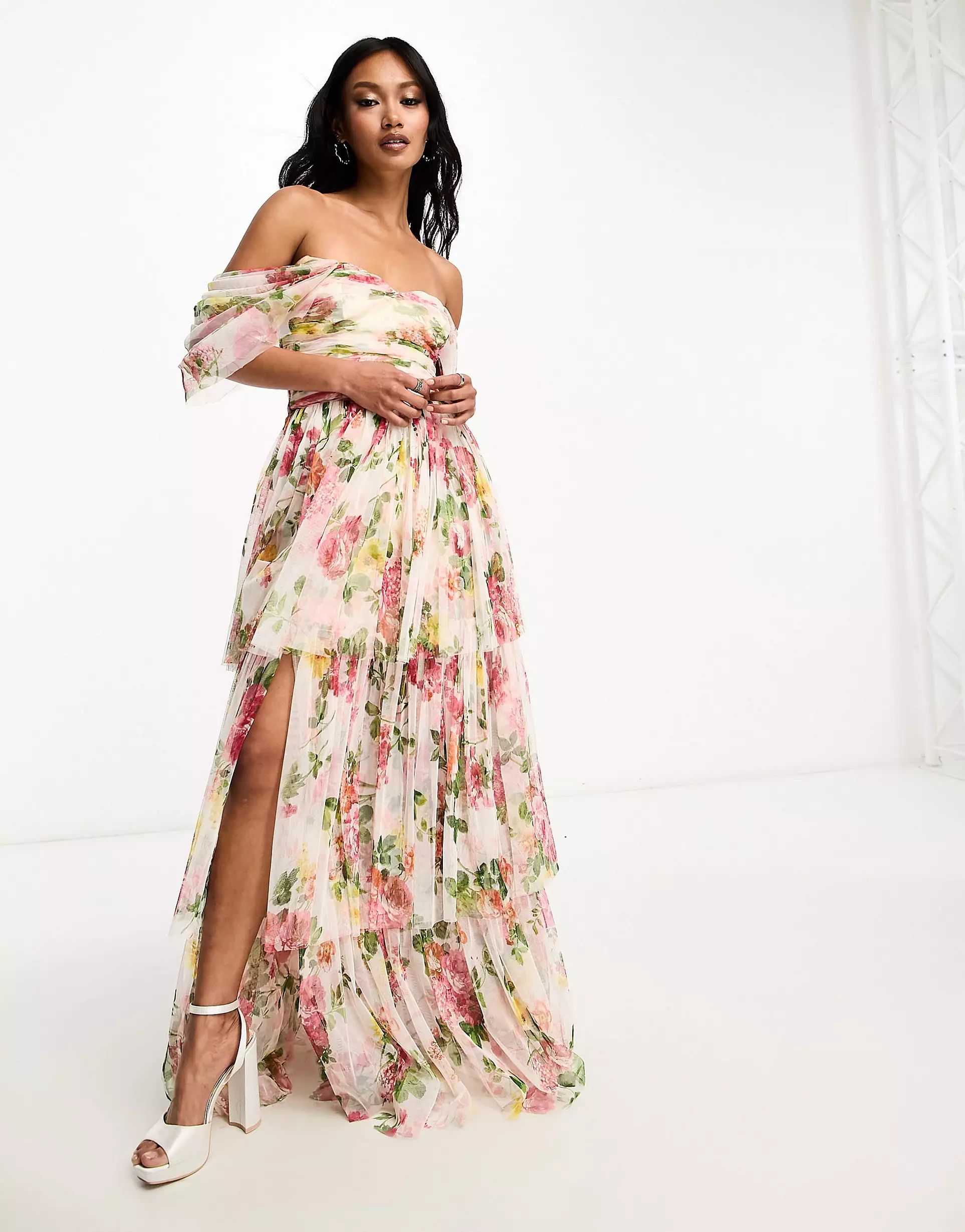 Lace & Beads exclusive off shoulder high low maxi dress in bright floral | ASOS (Global)