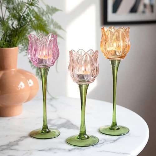 Honeydak 3 Pcs Tulip Flower Glass Candle Holders Romantic Flower Votive Candle Holders for Weddin... | Amazon (US)