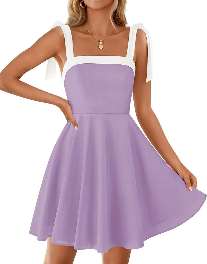 ZESICA Womens Summer Sleeveless Mini Dress Tie Shoulder Square Neck High Waist Swing A Line Short... | Amazon (US)