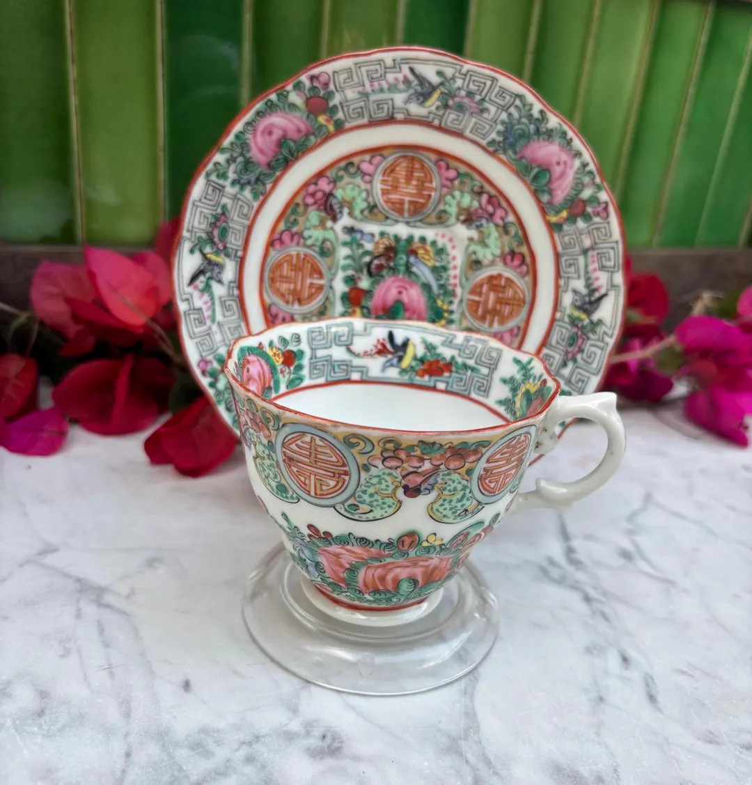 Vintage Famille Rose tea cup & saucer, Made in Kong, Rose Canton, Rose Medallion Chinoiserie | Etsy (US)