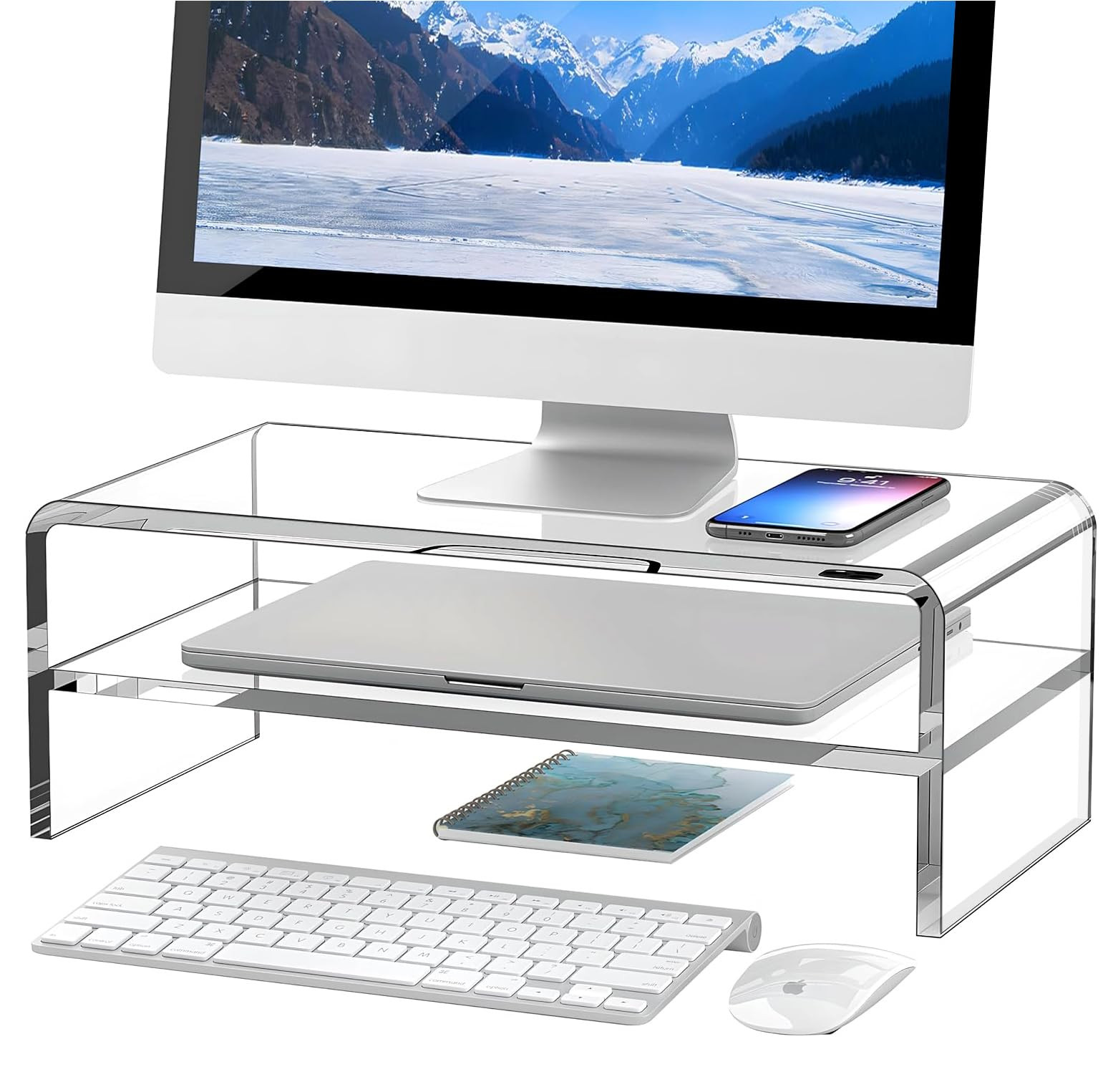 Clear Acrylic Monitor Stand Riser 2 Tier, 5.12 Inches High Clear Computer Desk Organizer Shelf fo... | Amazon (US)