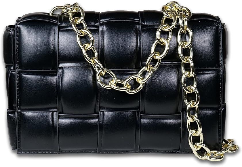 Bella Luna Woven Padded Cassette-Style Crossbody Faux Leather Handbag Purse for Women with Adjustabl | Amazon (US)