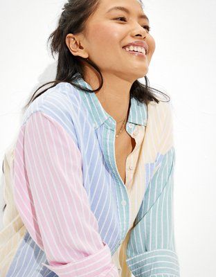 AE Striped Oversized Oxford Button-Up Shirt | American Eagle Outfitters (US & CA)