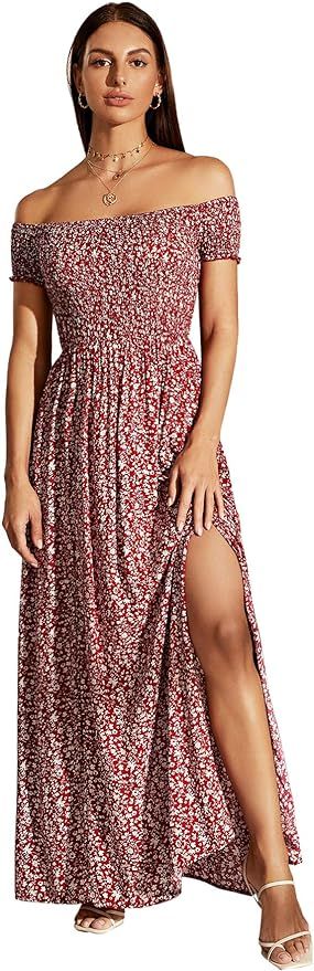 Floerns Women's Boho Floral Print Off Shoulder Split Long A Line Dress | Amazon (US)