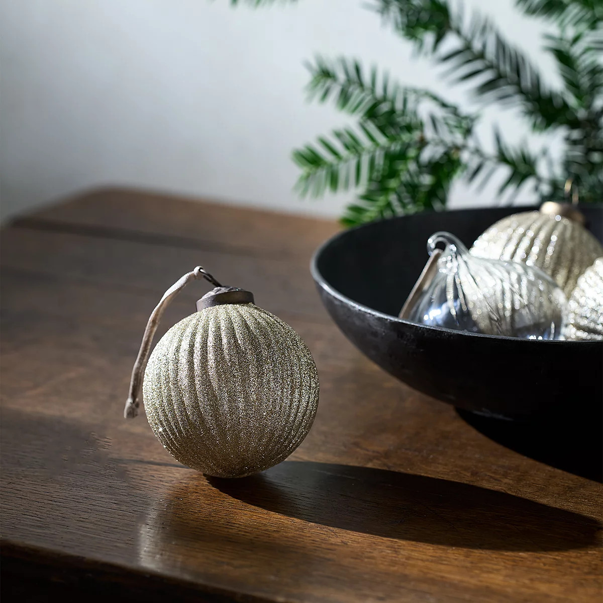 Glitter Ribbed Bauble – 8cm | The White Company UK & ROW