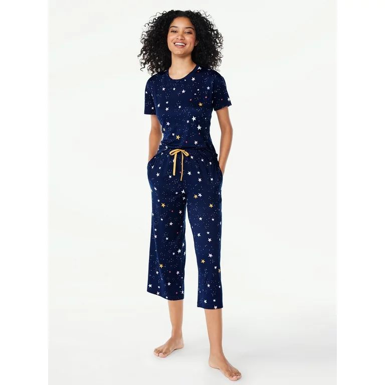 Joyspun Women's Short Sleeve T-Shirt and Cropped Pants Pajama Set, Sizes S-3X | Walmart (US)