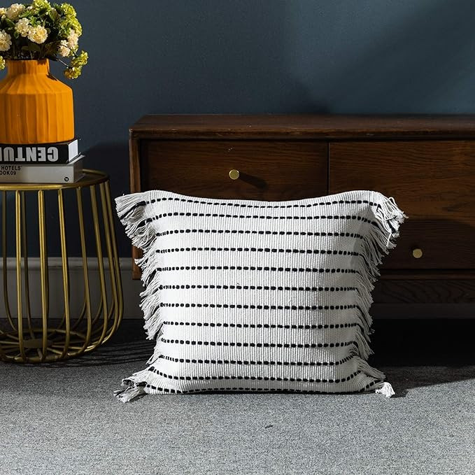 LIGICKY Home Decorative Boho Tassel Throw Pillow Covers Square Woven Cotton Cushion Cover Striped... | Amazon (US)