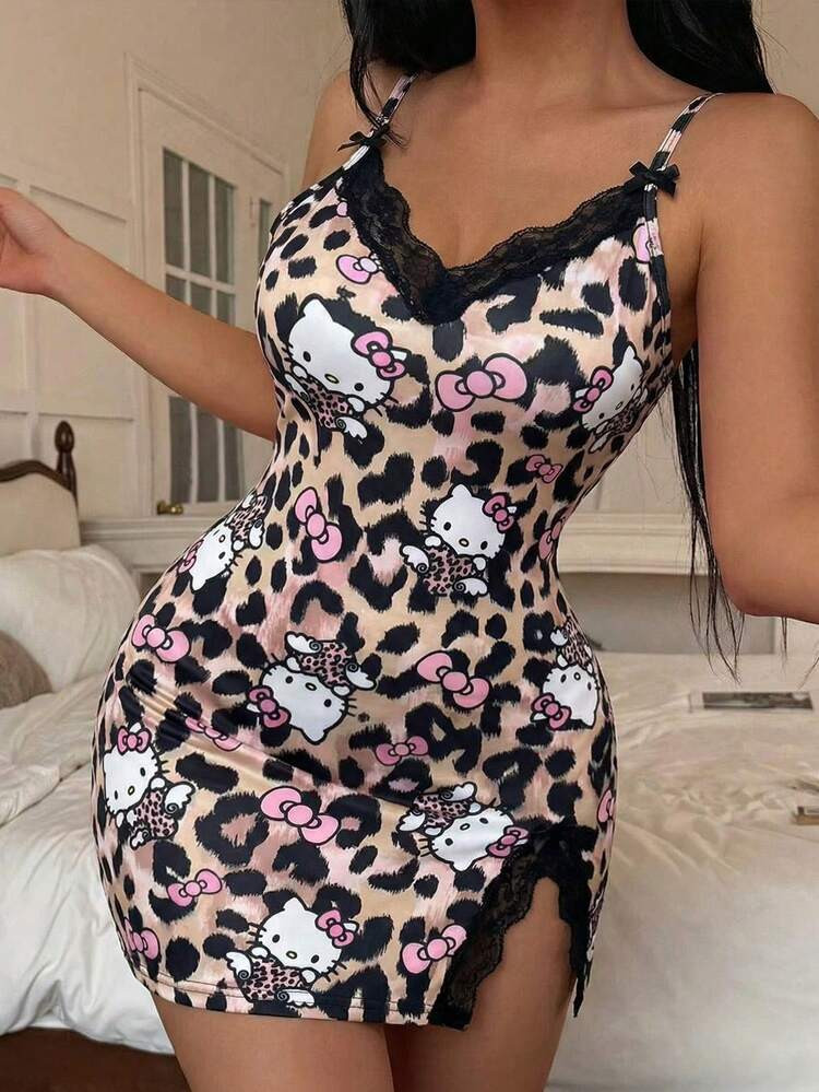 SANRIO 1pc Hello Kitty Lace Patchwork Side Slit Sexy Casual Cute Simple Style Women Dress | SHEIN