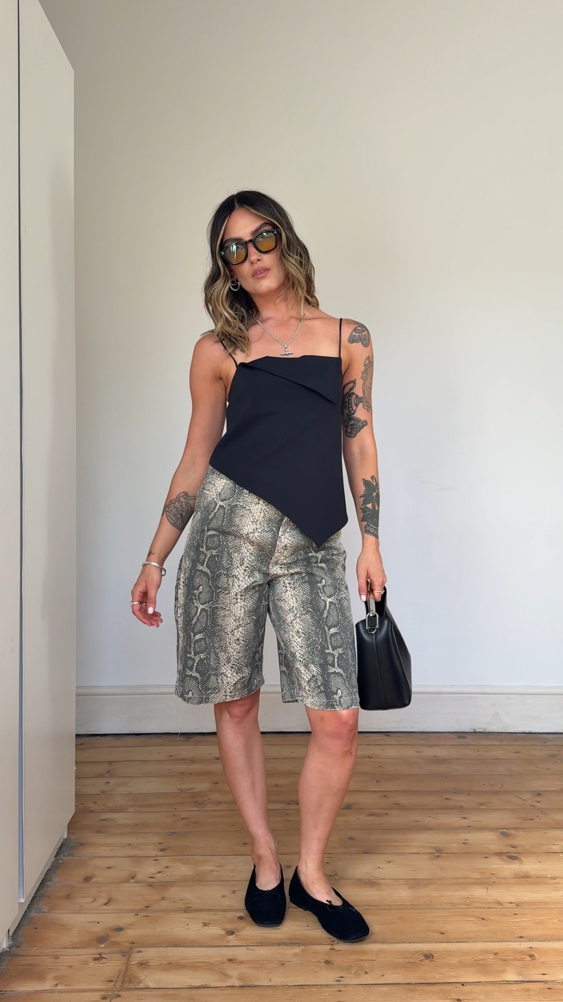 Jorts, denim shorts, snake print, black top, camisole, cami top, Zara, ballet flats

#LTKeurope #LTKsummer #LTKuk