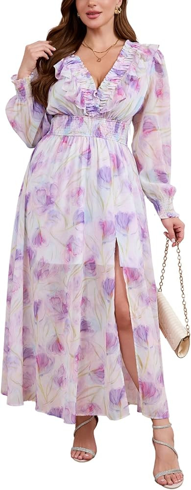EYWOL Wedding Guest Dress - V Neck Floral Long Sleeve with Slit, Flowy Chiffon for Curvy Women (M... | Amazon (US)