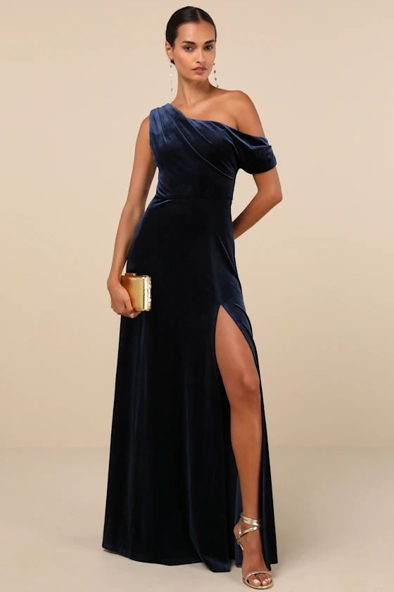 Coveted Confidence Navy Blue Velvet Asymmetrical Maxi Dress | Lulus