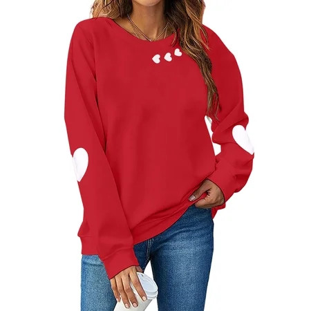 VILOVE Women Valentine s Day Love Heart Graphic Top Crew Neck Long Sleeve Pullover Casual Blouse Tops Red | Walmart (US)