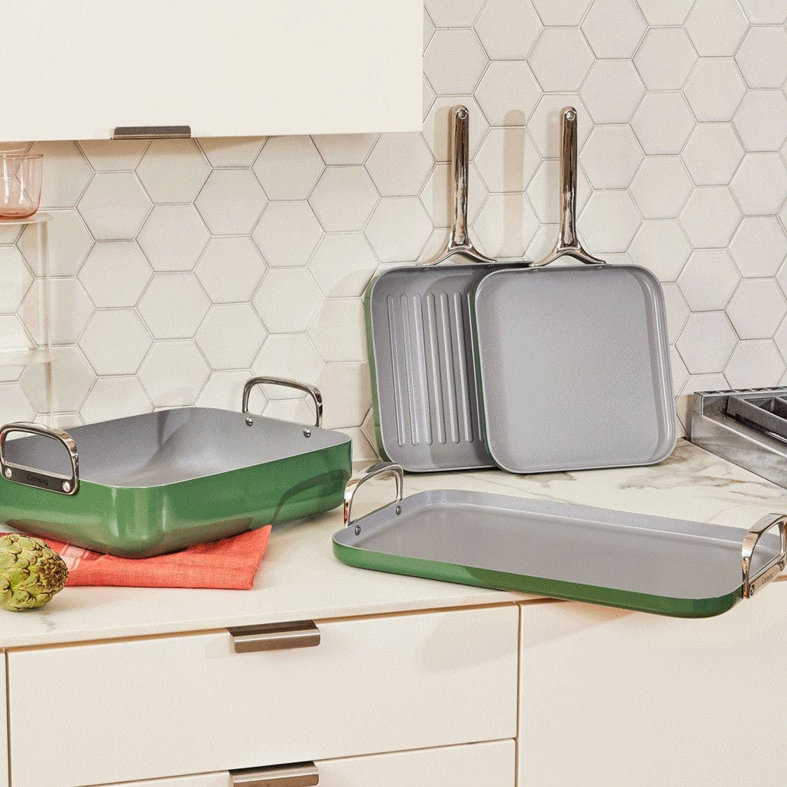 7 Piece Square Cookware Set In Sage | Non-Stick, Non-Toxic, PFAS-Free Ceramic Squareware | Induction-Compatible For Healthy Cooking | Caraway | Caraway