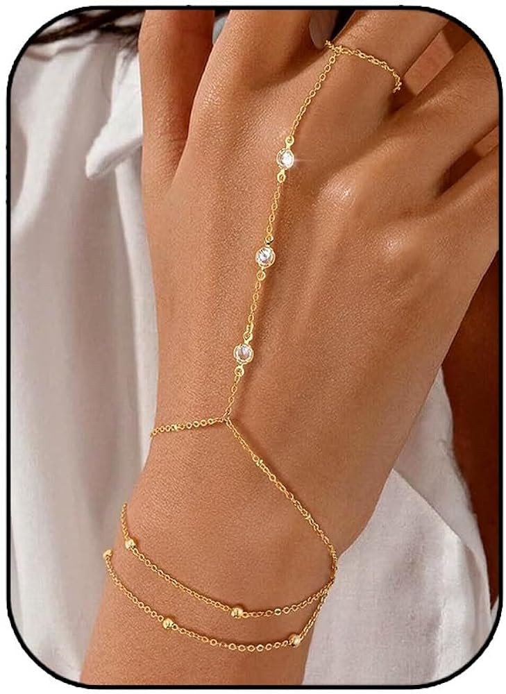 Gold Bracelets for Women, 14k Gold Plated Hand Chain Bracelet, 2 Pcs Ring Bracelets for Women Tre... | Amazon (US)