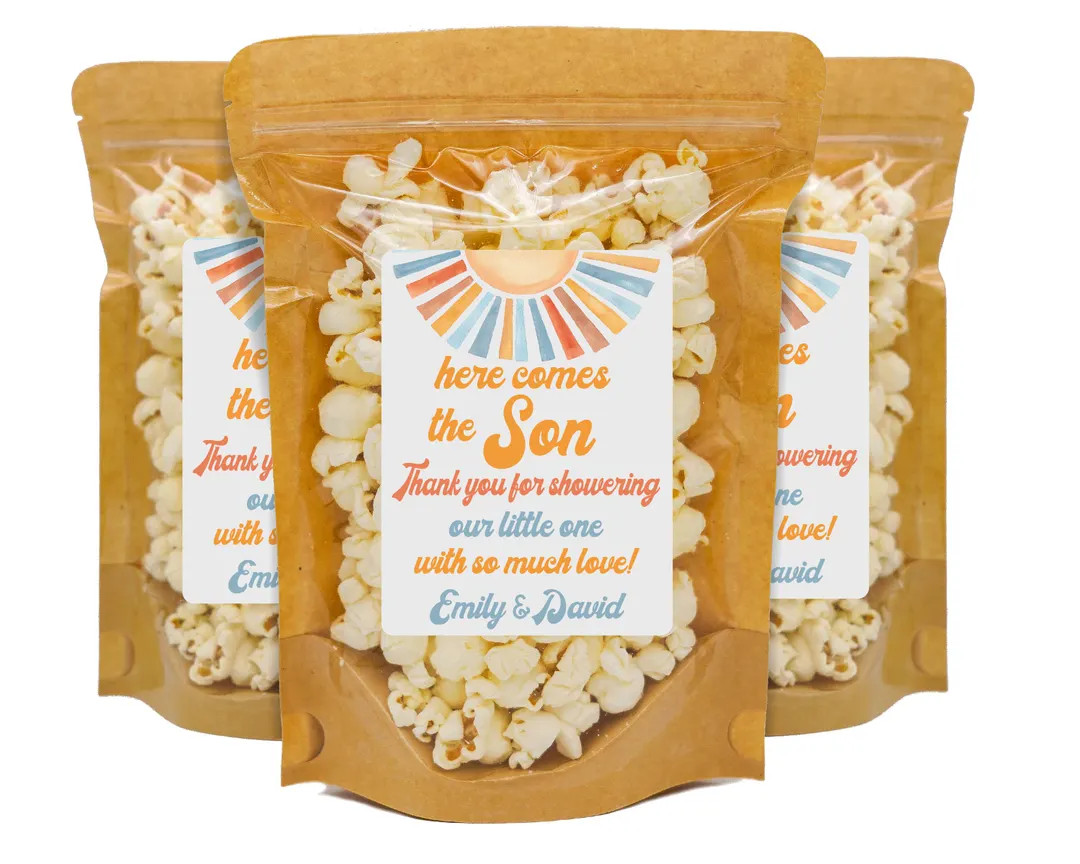 Here Comes the Son Baby Shower Favors, Popcorn Treat Bags and Stickers, Groovy Baby Shower Favor,... | Etsy (US)