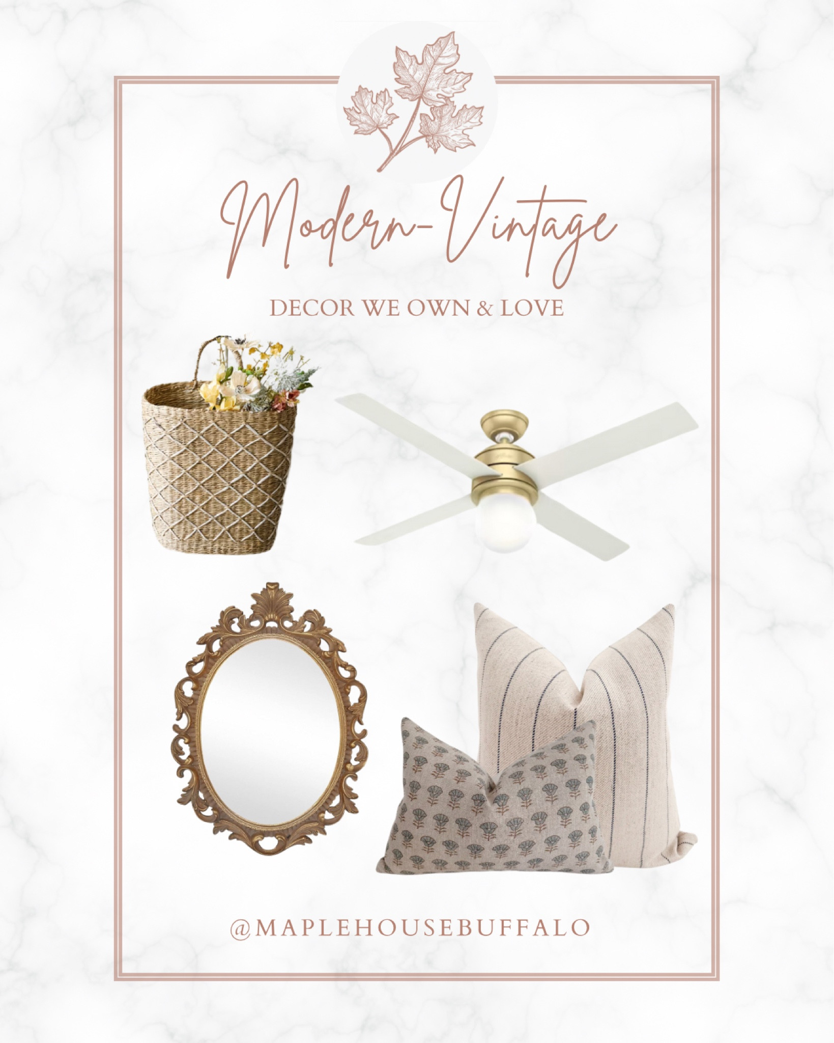 Modern Vintage Decor we own and love 

Hunter is having a sale through the end of this week on all of their ceiling fans - use the code COOLSAVINGS

Ornate gold entryway mirror | Hanging basket | Block print and antique striped pillow covers | Hackner Home | Hepburn ceiling fan in gold | Hunter Fan Co.