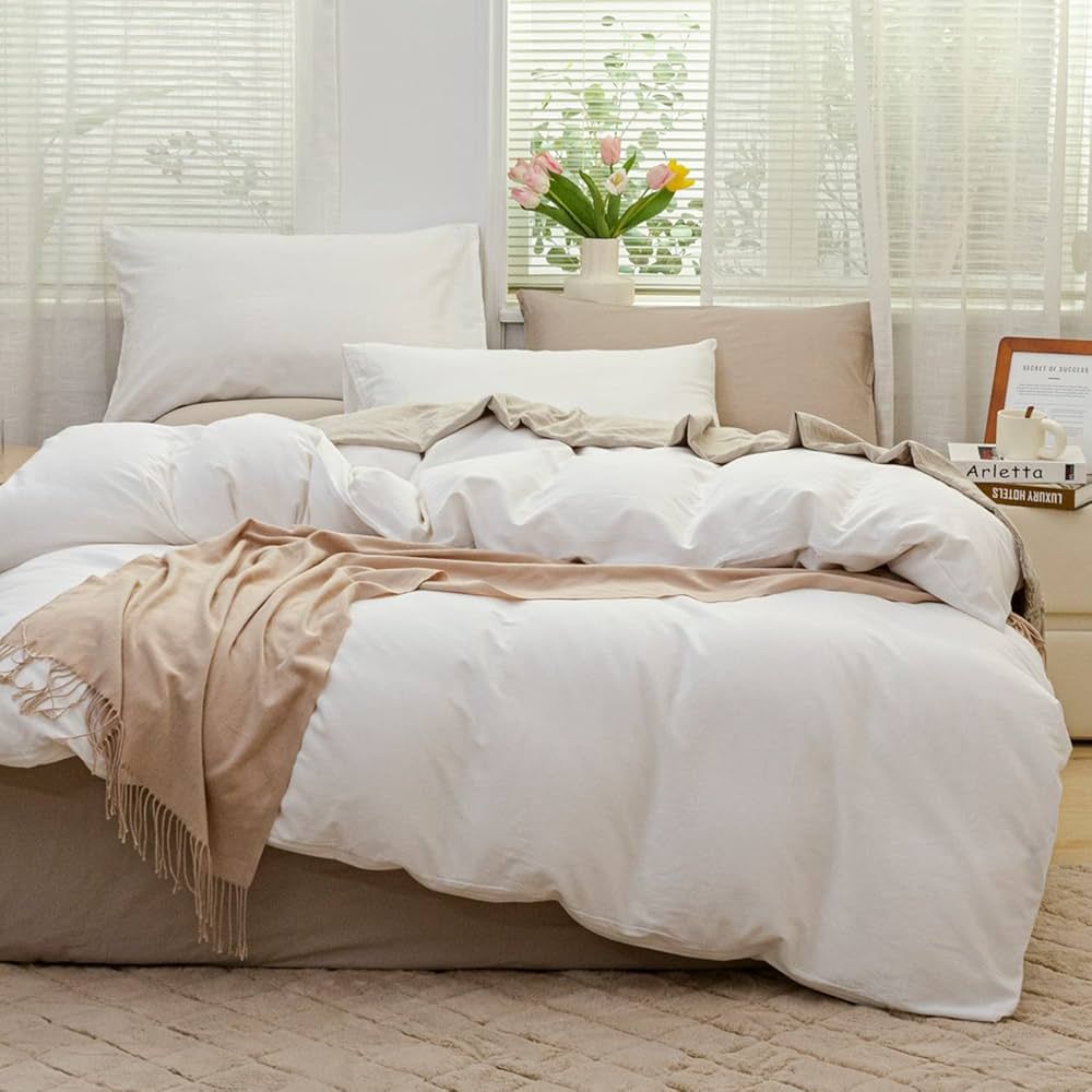 JELLYMONI Cream White 100% Washed Cotton Duvet Cover Set, 3 Pieces Luxury Soft Bedding Set with Z... | Amazon (CA)