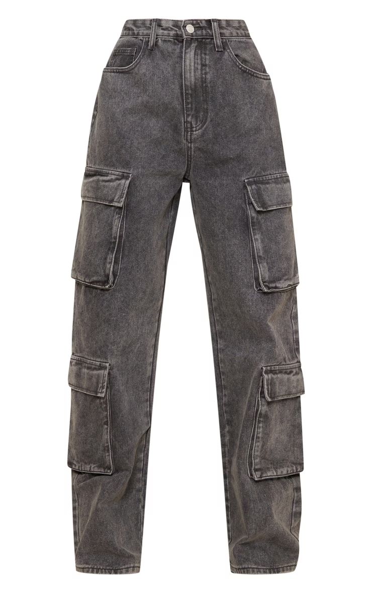 Grey Acid Wash Cargo Pocket Detail Slim Wide Leg Jeans | PrettyLittleThing US