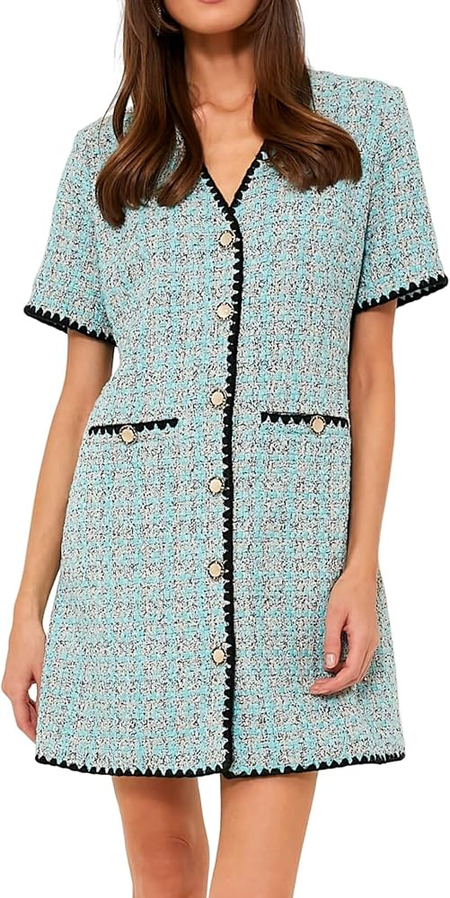 Kedera Women's Tweed Dress Short Sleeve V Neck Button Jackie Mini Dress with Pockets | Amazon (US)