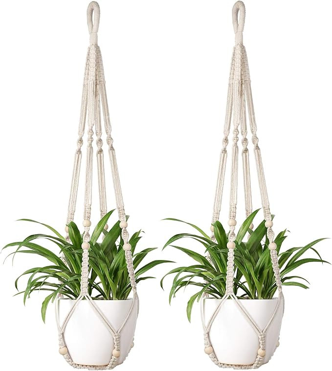 Mkono Macrame Plant Hanger Indoor Hanging Planter Basket with Wood Beads Decorative Flower Pot Ho... | Amazon (US)