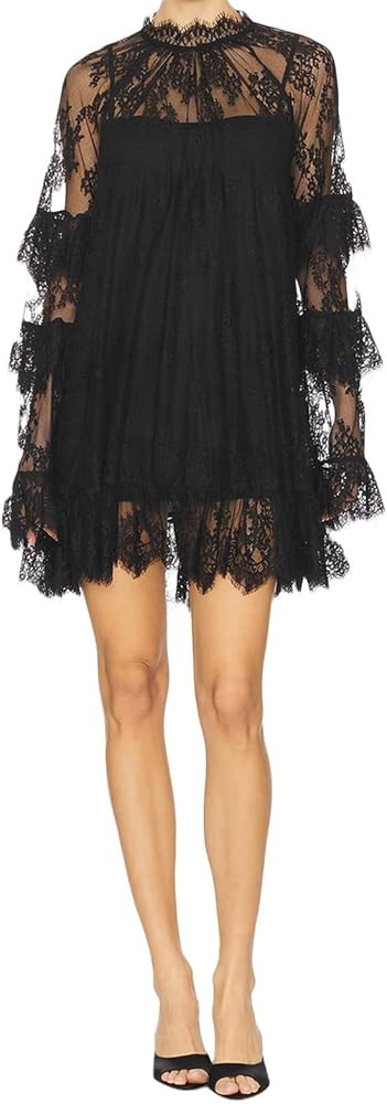 Women Lace See Through Mini Dress Long Sleeve High Neck Loose Fit Sheer Floral Short Dress Sexy B... | Amazon (US)