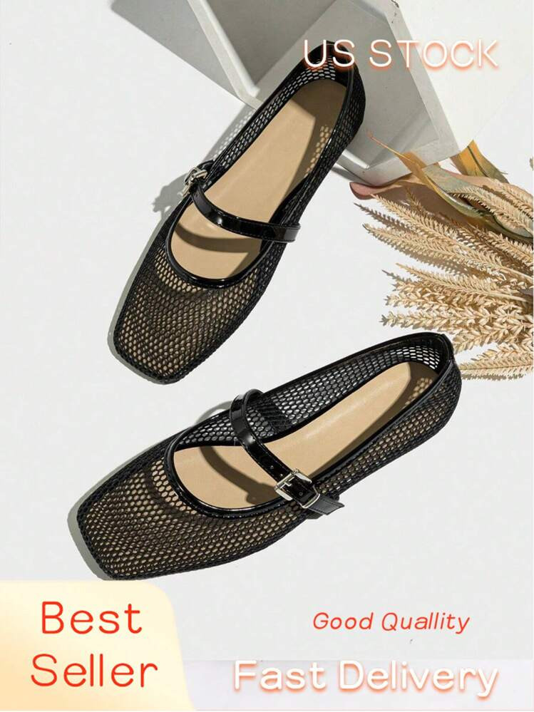 New Women's Ballet Flats Round Toe Solid Color Breathable Mesh Casual Fashion Comfortable Sandals, Mary Jane Strap Black Flat Shoes Suitable For Walking, Daily Wear, Dances, Parties, Weddings, White Shoes | SHEIN