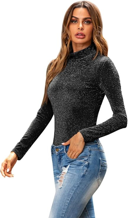 SheIn Women's Mock Neck Long Sleeve T Shirts Glitter Solid Tee Tops | Amazon (US)