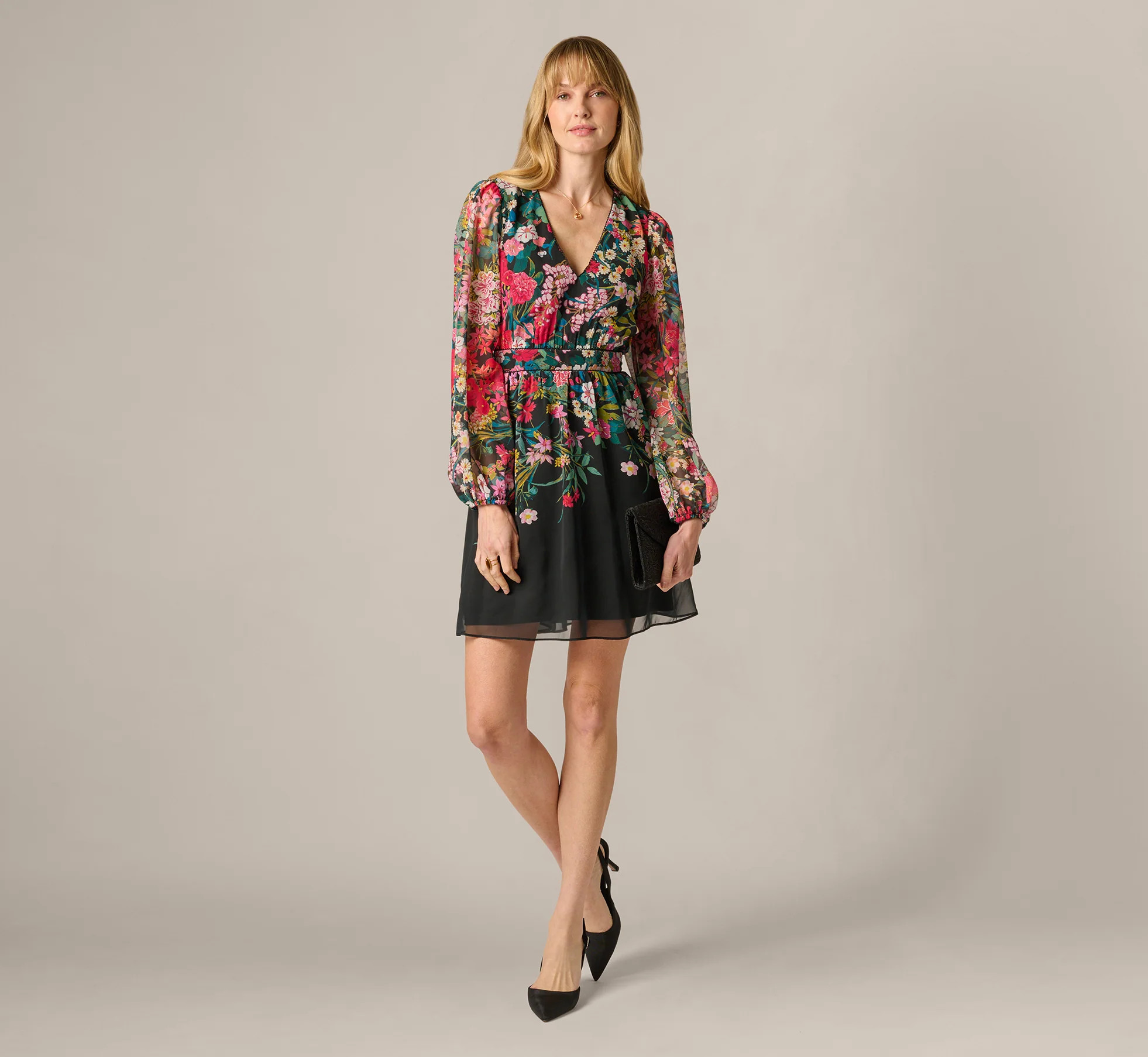 Long Sleeve Wildflower Print Short Dress In Black Multi | Adrianna Papell