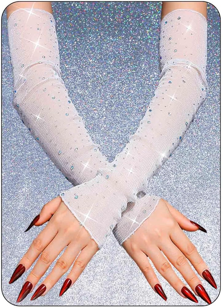 CASDRE Sparkly Rhinestone Long Gloves Fingerless Mesh Elbow Length Arm Sleeves Prom Costume Glove... | Amazon (US)