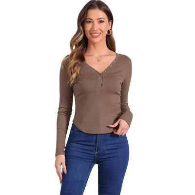 INSPIRE CHIC Women's V Neck Button Tops Long Sleeve Fitted Ribbed Knit Henley Shirts Brown Large | Target
