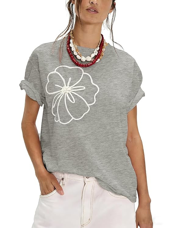Women's Floral Embroidered Tops Cotton Crew Neck Short Sleeve Shirts Loose Fit Blouses Casual Sum... | Amazon (US)