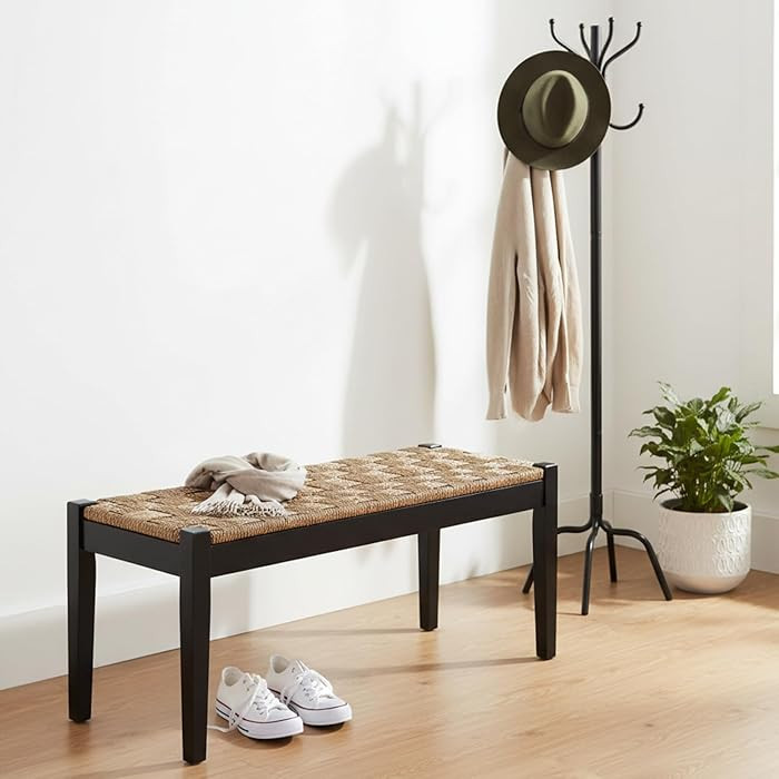 Acacia Solid Wood Bench with Woven Seagrass Seat, Entryway Bench, Wicker Benches Indoor for Hallw... | Amazon (US)