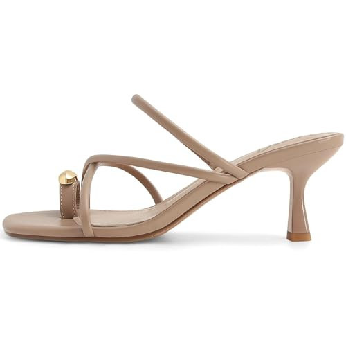 Dsevht Nude Strappy Kitten Heel Sandals Toe Ring Flip Flop Stiletto Low Short Thong Heels Slip On Square Open Toe Summer Dress Shoes for Women | Amazon (US)
