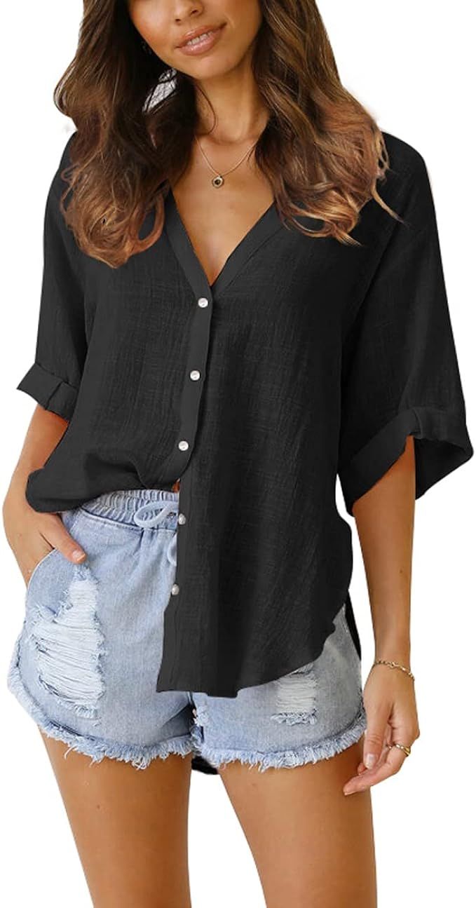Womens Button Down Linen Shirts V Neck Roll Up Cuffed Sleeve Blouses Loose Collared Shirt Casual ... | Amazon (US)