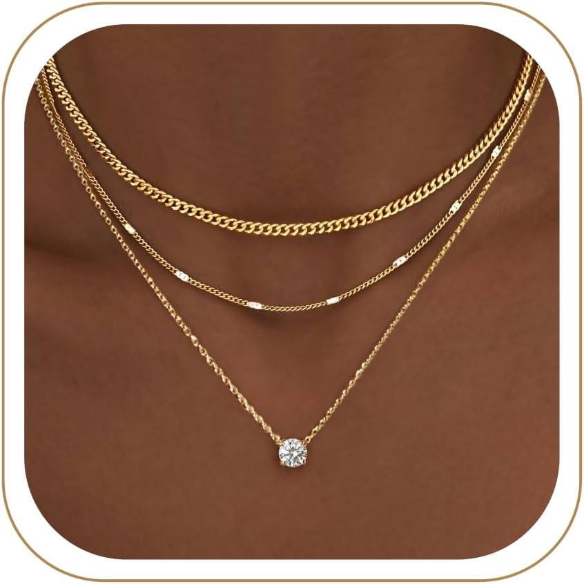 WomenGifts Layered Gold Necklaces for Women, 14K Gold Sterling Silver Plated Dainty Pendant Necklace Set Non Tarnish, Chunky Stackable Cuban Chain Choker, Trendy Birthstone Vacation Jewelry Gift | Amazon (US)