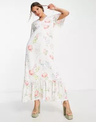Twisted Wunder flutter sleeve maxi tea dress in botanical floral | ASOS (Global)
