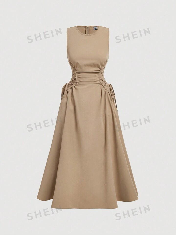 SHEIN MOD Black Date Night Lateral Cross Frenulum Solid Ruched Detail Long Dress | SHEIN