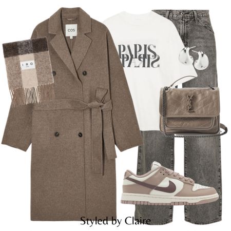 Nike dunks in Taupe👌🏼
Tags: statement long wool knit coat, Anine Bing tshirt paris print, YSL shoulder bag, wide leg Levi jeans, checked neutral scarf. Fashion autumn winter inspo outfit ideas cos otoño casual city break

#LTKstyletip #LTKitbag #LTKshoecrush