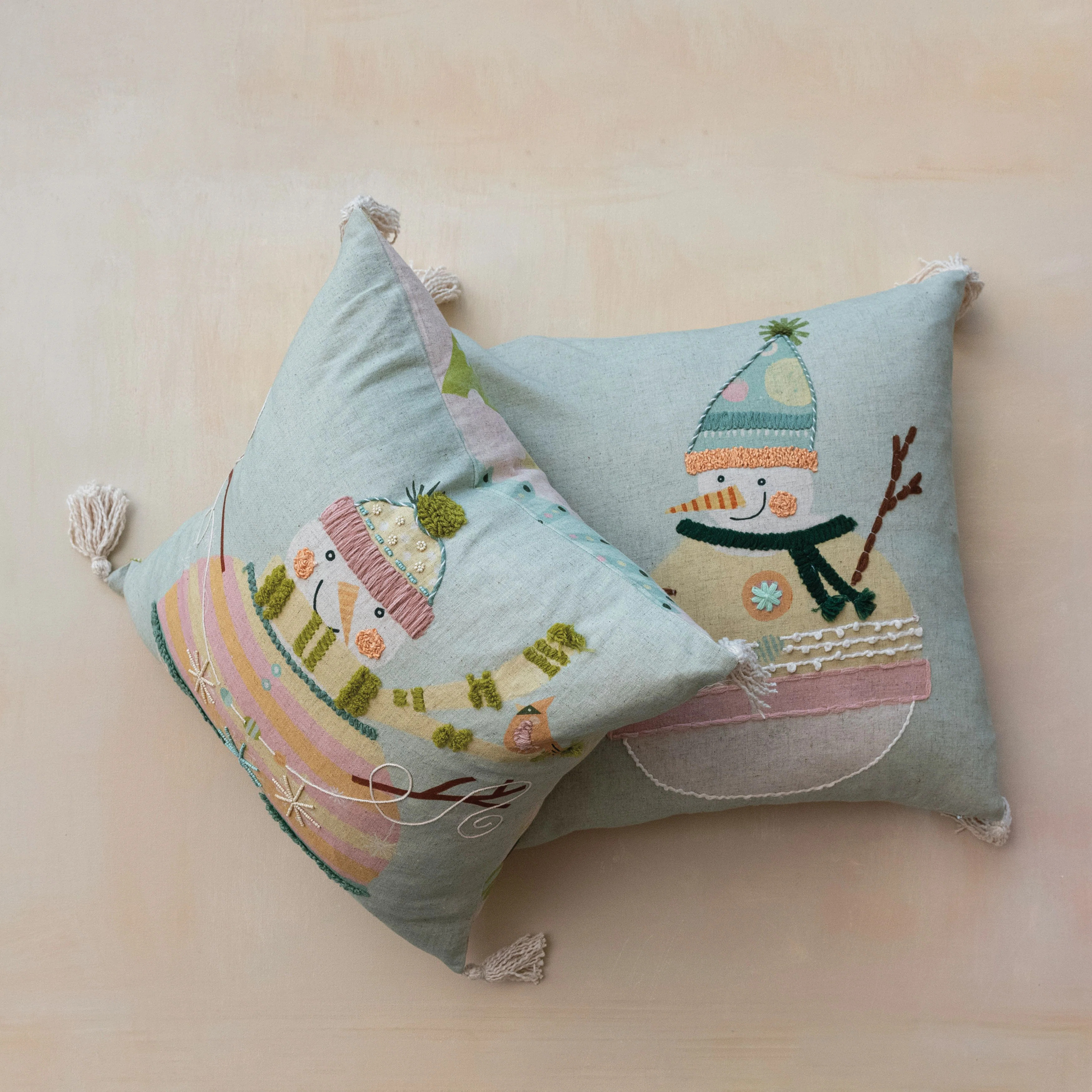 Cotton Printed Pillow With Snowman, Embroidery, Tassels And Patterned Back | Wayfair North America
