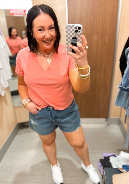 30% off tees and shorts at Target!  Loving these new shrunken v neck tees!  Size xxl for an oversized fit on me. Size 17 denim shorts but would prefer a size 16. These are just a little too big in the 17  

#LTKsalealert #LTKfindsunder50 #LTKmidsize