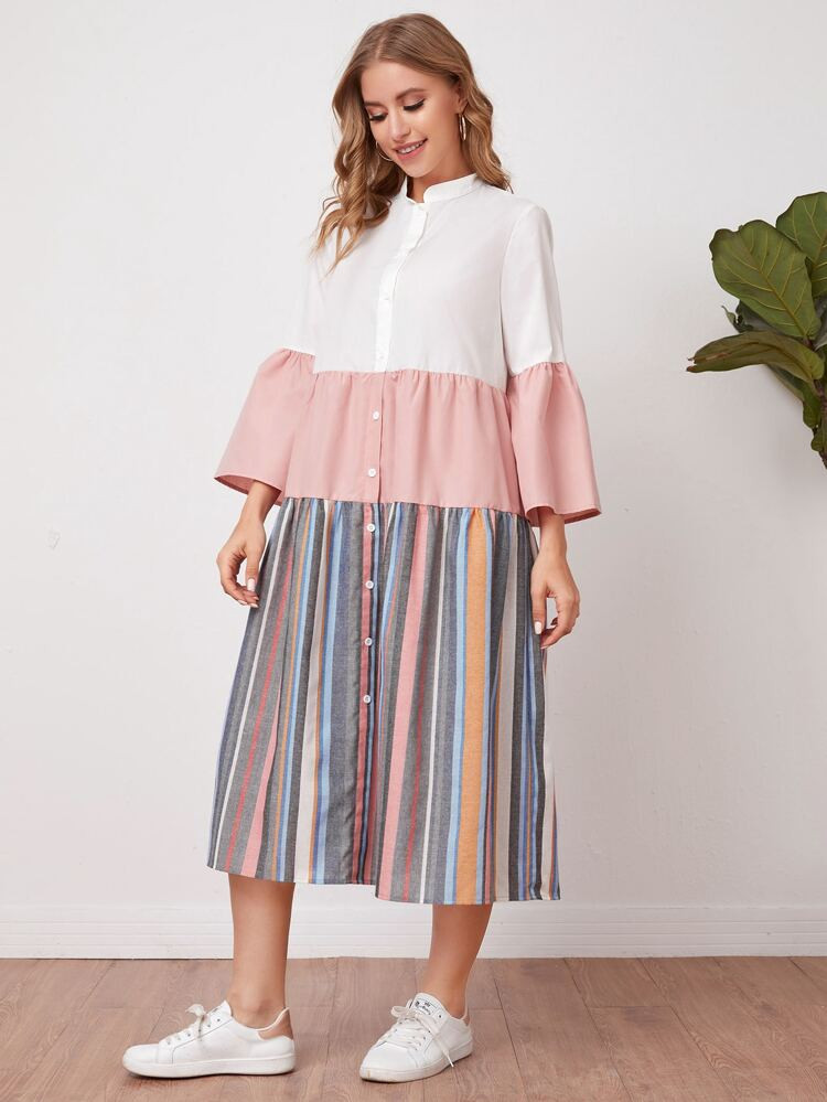 SHEIN Flounce Sleeve Striped Panel Shirt Dress | SHEIN