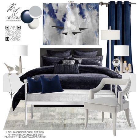 Navy Blue and Gray Modern Bedroom Decor | bedroom home decor | bedroom moodboard | bedroom concept board | bed, nightstand, bed bench, rug, side tables, side chair, nightstand lamps, table lamps, chandelier, ceiling light, floor lamp, faux plants, vases, mirror, artwork, pillows, bedding, curtains, window treatments, candle holders, modern home, modern home decor, glam home. #moodboard

#LTKhome #LTKstyletip #LTKfamily