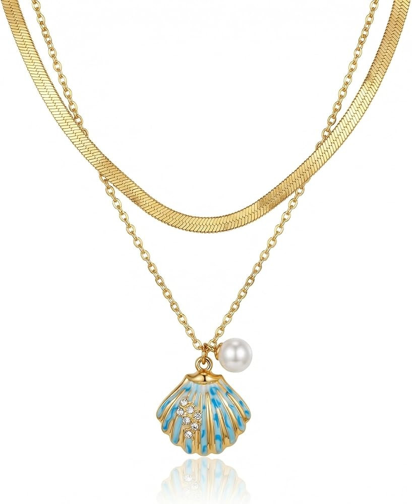 RINHOO Shell Layered Necklace for Women - 18K Gold Plated Stainless Steel Dainty Enamel Shell Pearl Pendant with Herringbone Snake Chain Beach Vacation Jewelry | Amazon (US)