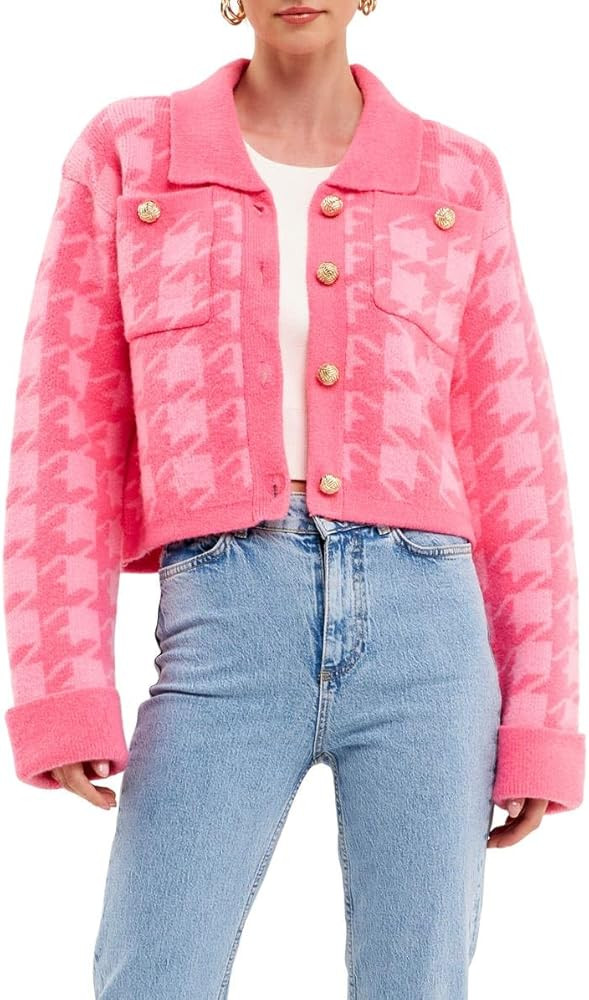 Women’s Plaid Cropped Cardigan Sweater Long Sleeve Knit Jacket with Lapel Collar Button Down Ca... | Amazon (US)