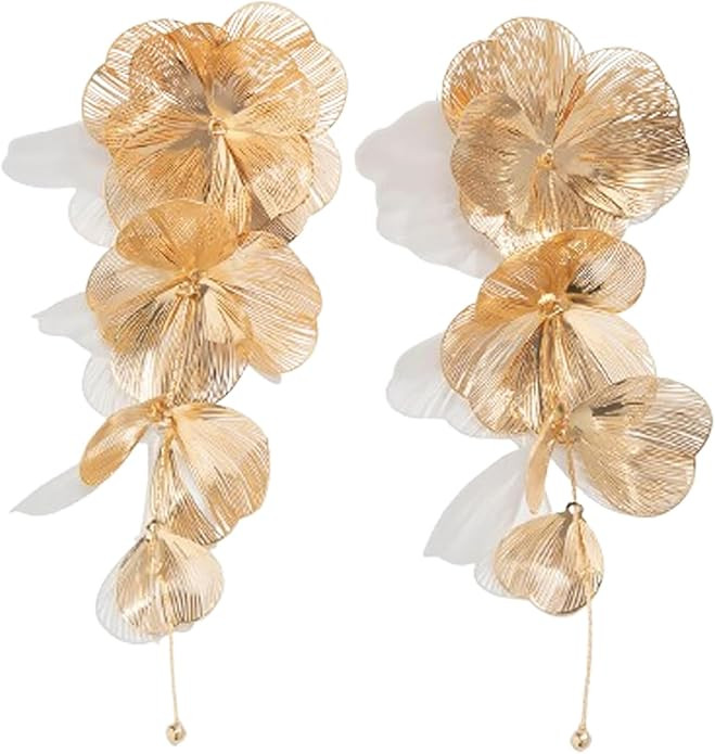 Gold Statement Flower Earrings,Chunky Punk Bunch Dangle Ginkgo Biloba Leaf Tassel Earrings Large ... | Amazon (US)