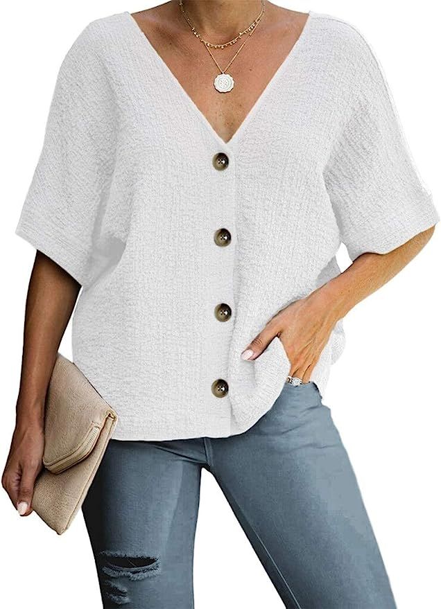 BLENCOT Women's Button Down Short Sleeve V Neck Back Shirts Casual Loose Blouse Tops | Amazon (US)