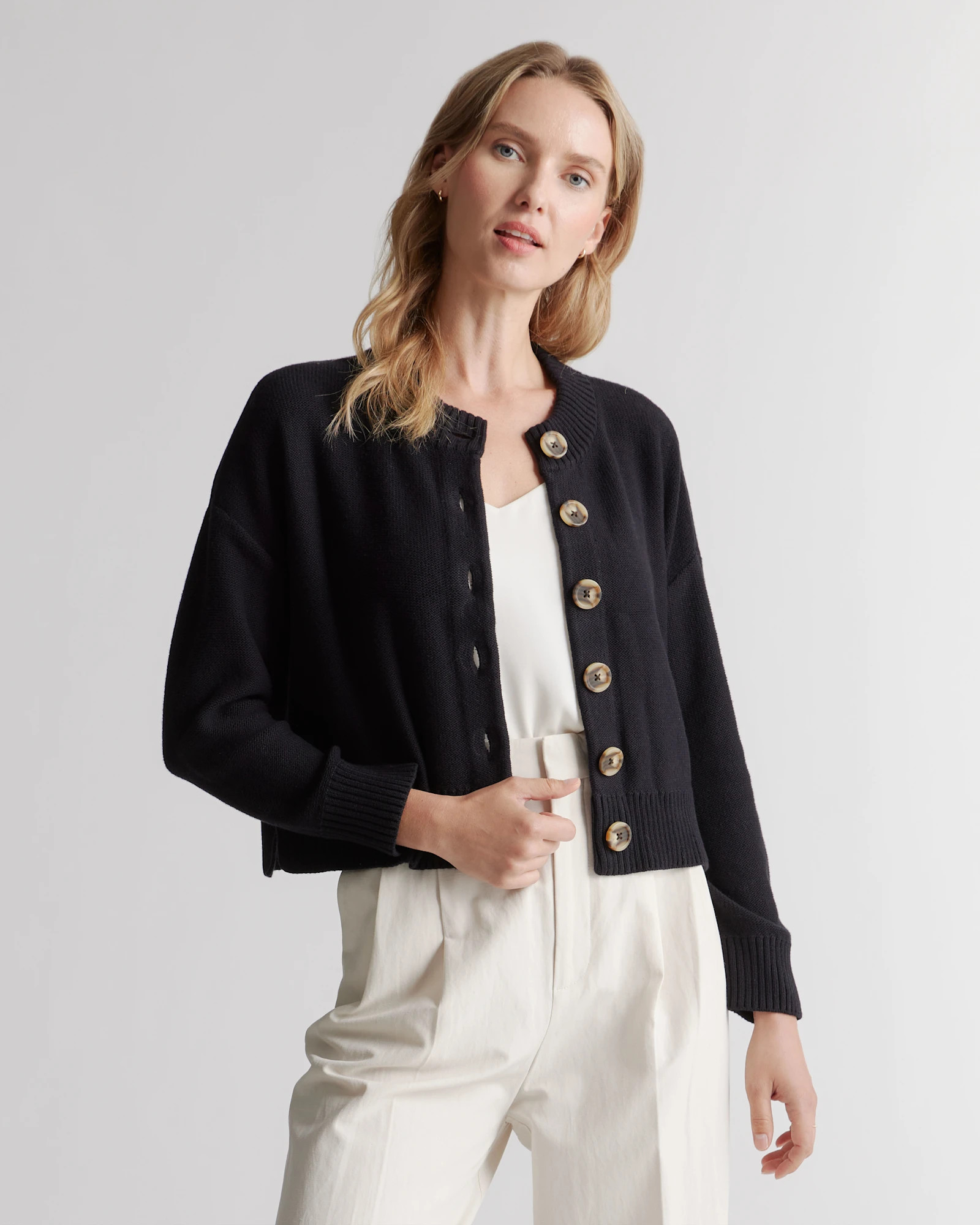 Quince | Women's Cropped Cardigan Sweater in Camel, Size Large, Organic Cotton | Quince