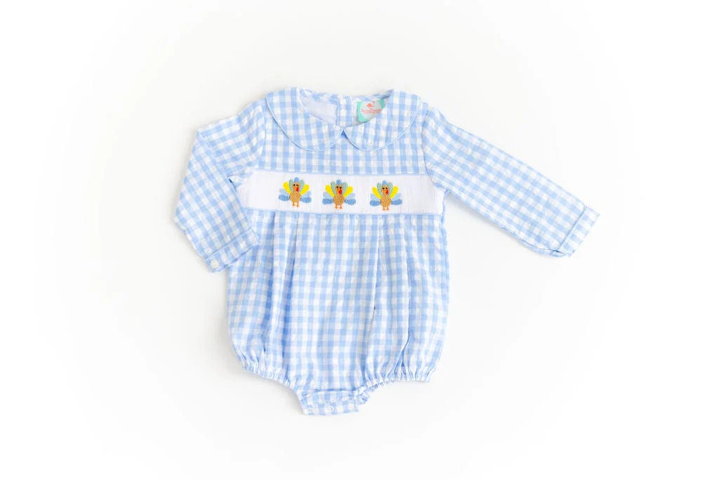 Smocked Blue Seersucker Turkey Bubble | The Smocked Flamingo