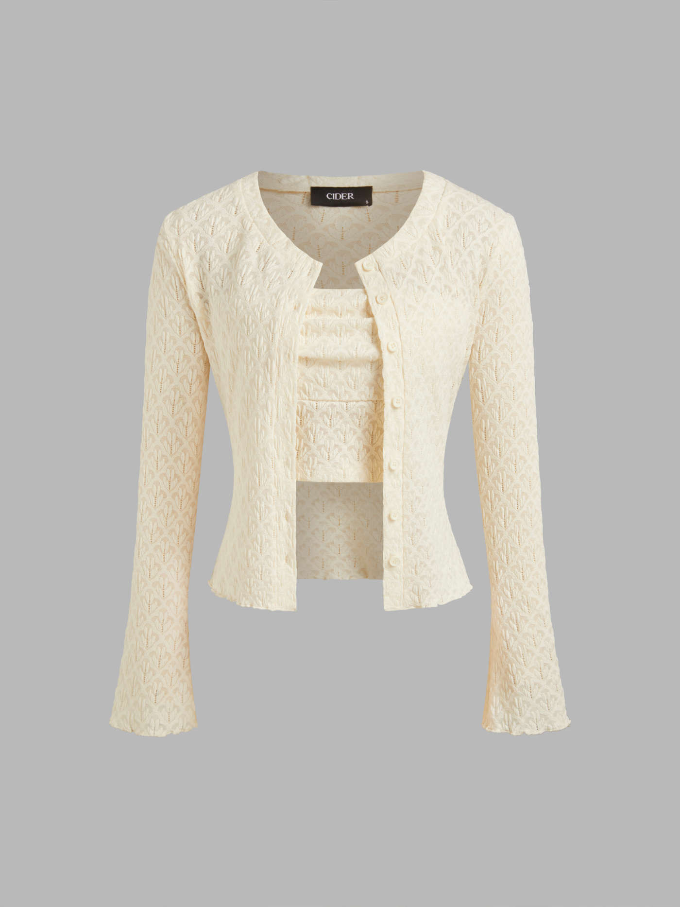Solid Geometric Button Long Sleeve Cardigan With Tube Top | Cider